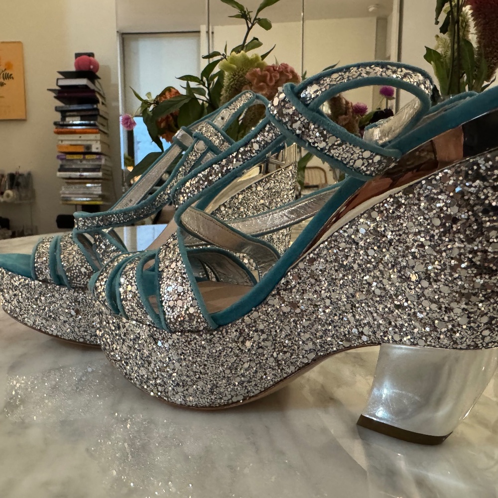 NEVER WORN! Miu Min Turquois & Silver Sparkle Platform Sandals Size 6